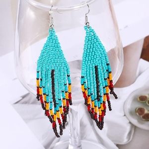 Handmade Beaded Colorful Fringe Earrings in Teal Rainbow Chevron